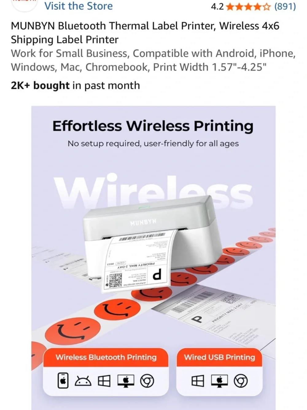 MUNBYN Bluetooth Thermal Label Printer, Wireless Shipping Label Printer